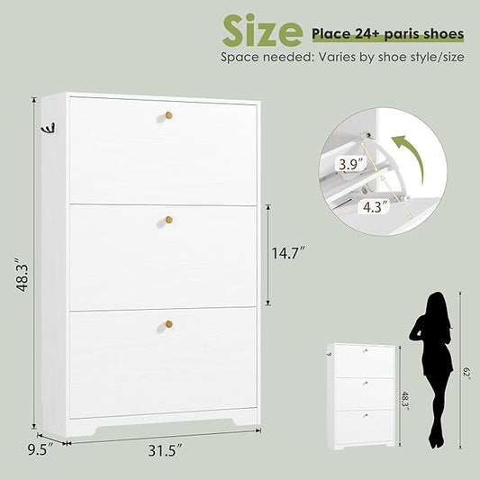 Nicetree Shoe Cabinet with 3 Flip Drawers, Narrow Shoe Organizer Cabinet, Freestanding Shoe Rack Cabinet, Morden Shoe Storage Cabinet for Entryway, Hallway, Foryer, White