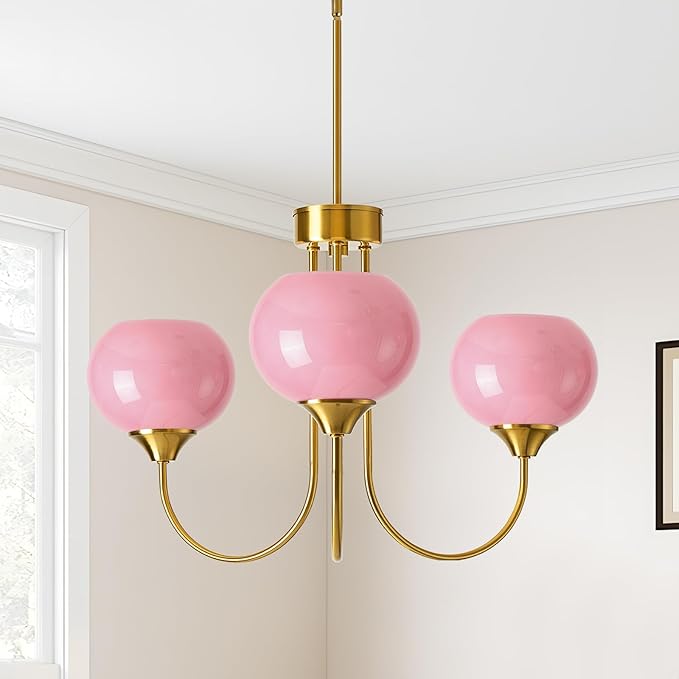 Pink Glass Globe Chandelier 3 Light Mid Century Modern Chandeliers with Rod Vintage Art Decor Ceiling Light Fixtures for Dining Room Kitchen Living Room