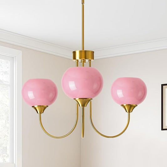 Pink Glass Globe Chandelier 3 Light Mid Century Modern Chandeliers with Rod Vintage Art Decor Ceiling Light Fixtures for Dining Room Kitchen Living Room