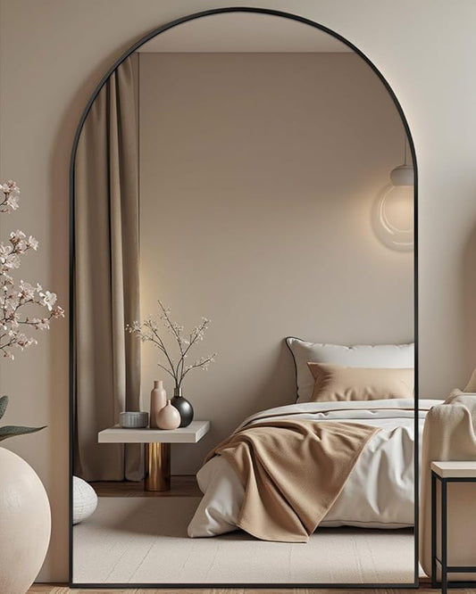 81"x41" Black Arched Full Length Mirror - Extra Large Floor/Wall Mounted, Shatterproof Glass & Aluminum Frame with Stand for Bedroom, Living Room, Entryway
