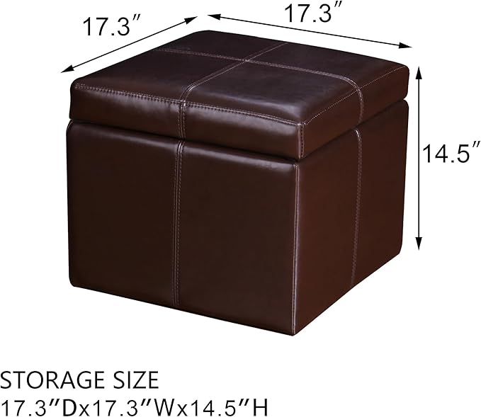 Adeco Modern Faux Leather Cube Storage Ottoman Bench with Hidden Storage, Comfortable Footrest Ottoman for Living Room, Bedroom, Entryway - Brown, 17.7" x 17.7" x 15