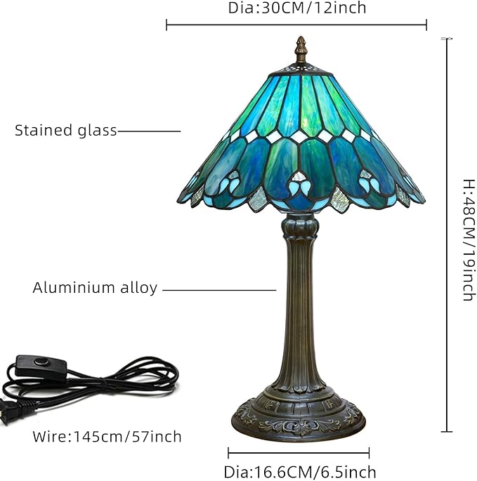 Tiffany Lamp Stained Glass lamp 12x12x18 Inches Bedside Table Lamp for Living Room Bedroom Dorm Kitchen Home Decor Festival Birthday Gift,Sea Blue