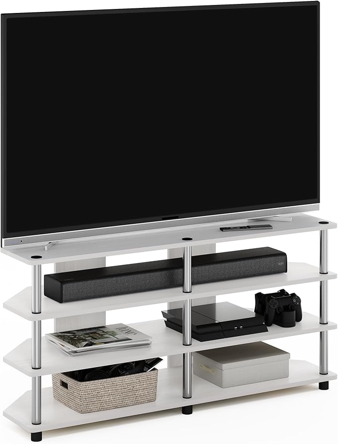Furinno ECON TV Stand, 4-Tier Corner Entertainment Center, TV Console for TV up to 55 Inch, Easy Assembly, for Living Room, Bedroom, White Oak/Stainless Steel Tubes