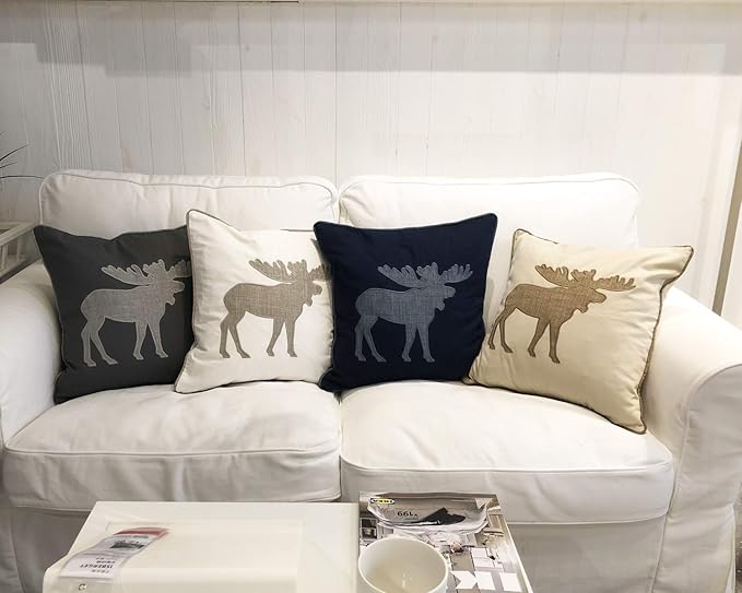Embroidered Throw Pillow Covers Moose Pattren 18x18 Inches for Living Room Cotton Cushions Covers (Khaki)