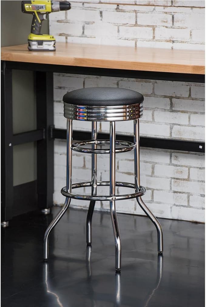 Trinity Heavy Duty 30-Inch Backless Swivel Bar Stool for Kitchen, Garage, or Workshop, Chrome Finish with Faux Leather Seat, 2 Pack Pre-Assembled, Black