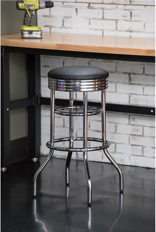 TRINITY Heavy Duty 30-Inch Backless Swivel Bar Stool for Kitchen, Garage, or Workshop, Chrome Finish with Faux Leather Seat, 1 Pack, Black