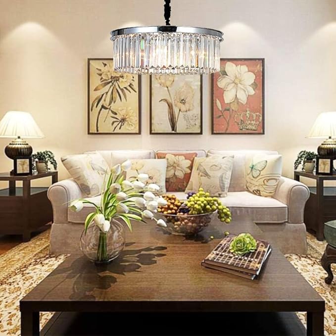 Crystal Chrome Chandelier Modern Chandeliers Lighting Pendant Ceiling Light Fixture 2-Tier for Dining Room Living Room Kitchen Island W21.6