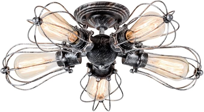 Vintage Ceiling Light Industrial Semi-Flush Mount Ceiling Light Metal Fixtures Painted Finish (with 5 Light) (Silver)