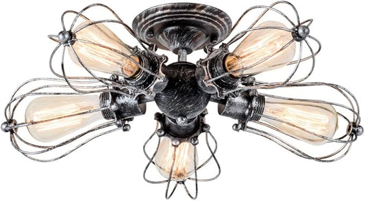 Vintage Ceiling Light Industrial Semi-Flush Mount Ceiling Light Metal Fixtures Painted Finish (with 5 Light) (Silver)