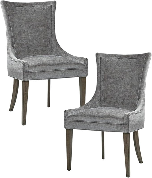MADISON PARK SIGNATURE Ultra Dining Chairs Set of 2, Swoop Arm, Curved Back Chenille Upholstery Design, Solid Wood Legs, High Desnity Foam Seat Kitchen Furniture, Dark Grey, 23.25"W x 24.75"D x 39"H