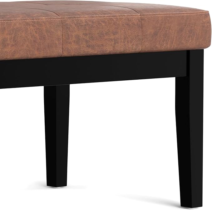SIMPLIHOME Lacey Small Tufted Ottoman Bench - 26 inch Wide Upholstered Vegan Leather Rectangle Ottoman in Distressed Saddle Brown, Contemporary Bench for Bedroom with Stitching Detail, Assembled