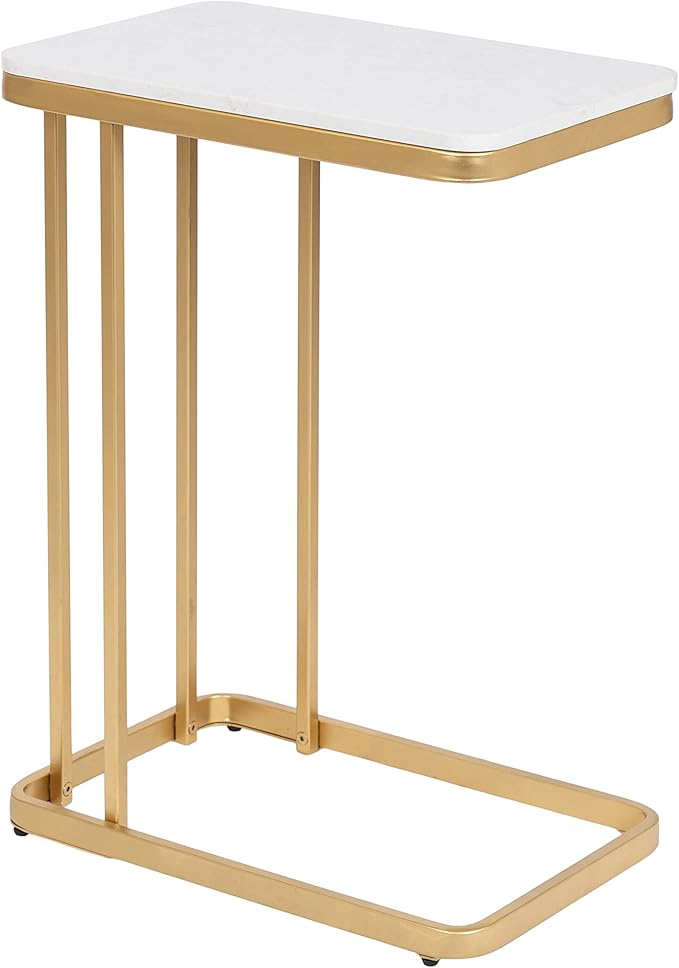 Kate and Laurel Credele Modern Glam Marble C-Table End Table; 12 x 19 x 27; White and Gold; Chic Contemporary TV Tray Table with Metal Legs And Cultured Marble Tabletop
