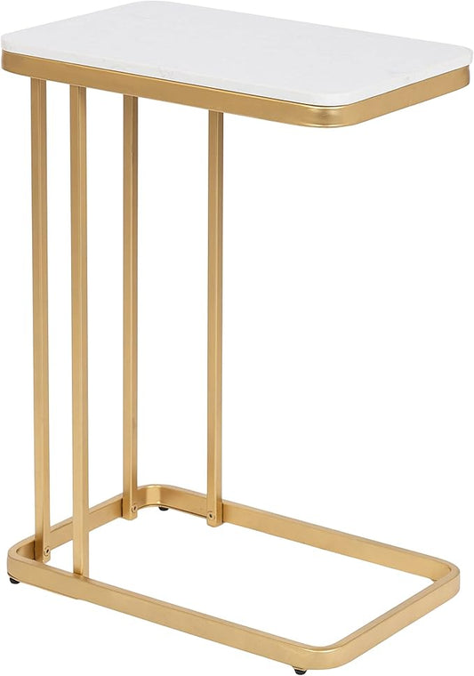 Kate and Laurel Credele Modern Glam Marble C-Table End Table; 12 x 19 x 27; White and Gold; Chic Contemporary TV Tray Table with Metal Legs And Cultured Marble Tabletop