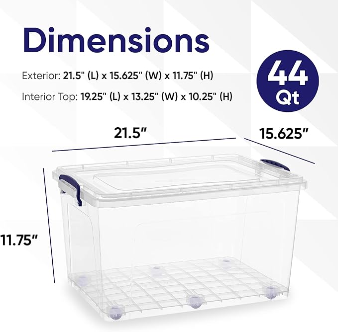 Superio 44 Qt Clear Plastic Storage Bin with Lid and Wheels, Non-Toxic, BPA Free, Odor Free, Organizer Storage Box, Stackable Plastic Tote for Home, Garage, Closet
