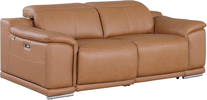 Blackjack Furniture Venice Top Grain Italian Leather Recliner 5 Seater 4 Power Reclining Seater 2 Piece Sofa Set with Adjustable Headrests Modern Seating Sofa and Loveseat for Living Room , Cognac