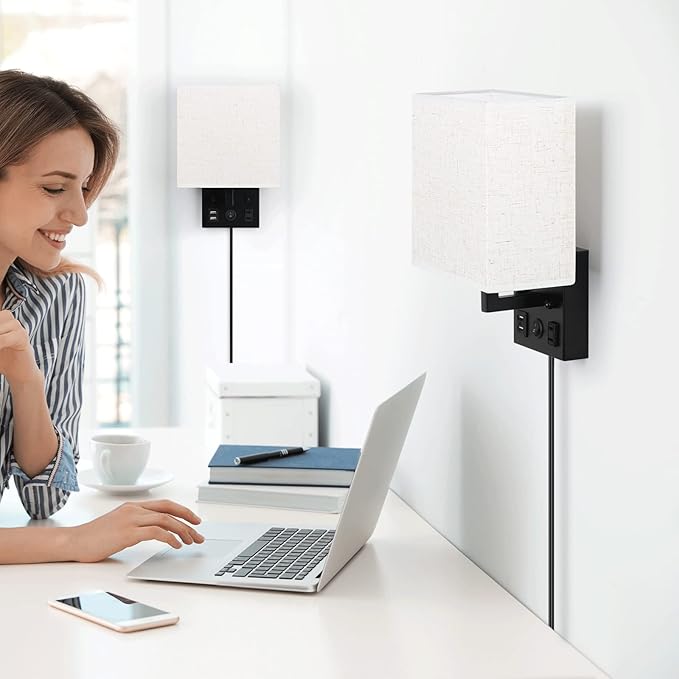 CADUKE Bedside Wall Lamp Set of 2, Plug in Wall Sconce with USB Charging Port and AC Outlet, Modern Black Brushed Nickel Wall Light with Plug in Cord for Living Room Office, E26 LED Bulb Included