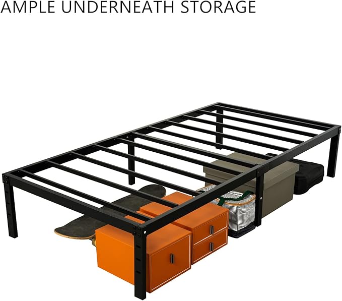 Twin Size Bed Frame, 3500lbs Heavy Duty Metal Platform with Steel Slats Support, No Box Spring Needed, 14 inches high Bedframe with Ample Storage, Sturdy and Noise-Free, Black