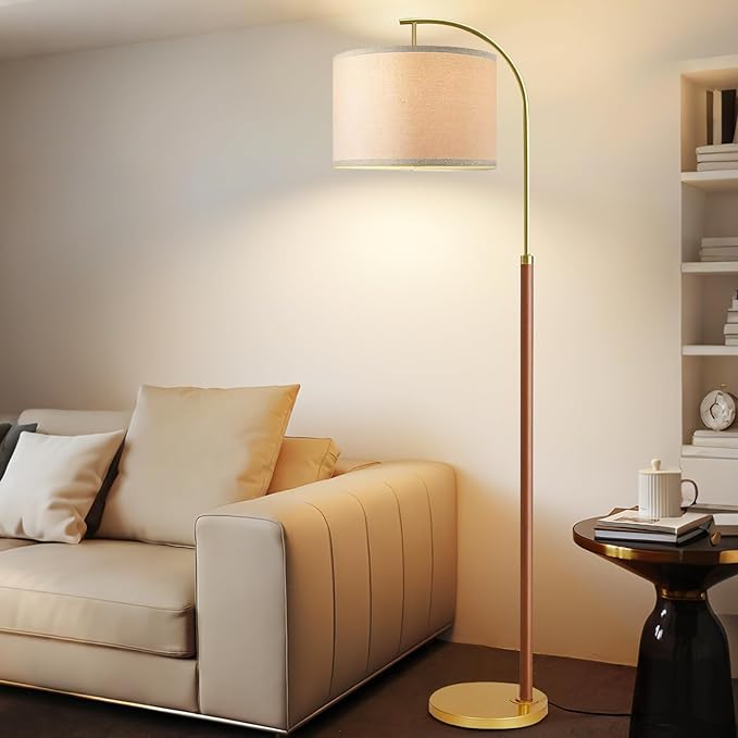 Wood Floor Lamps for Living Room Arc Floor Lamp with Remote Control,Dimmable LED Floor Lamp Mid Century Modern Standing Lamp with 3 Color Temperature Tall Gold Floor Lamp for Bedroom Corner