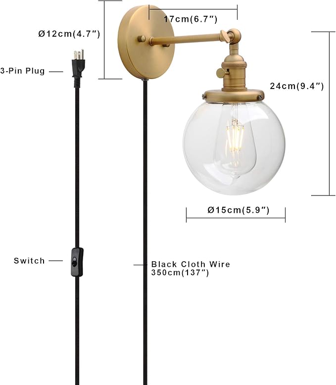 PERMO Plug in Sconce On/Off Switch Wall Sconce with 5.9" Round Globe Clear Glass Shade Vintage Industrial 1-Light Wall lamp Light Fixture (Antique Gold)