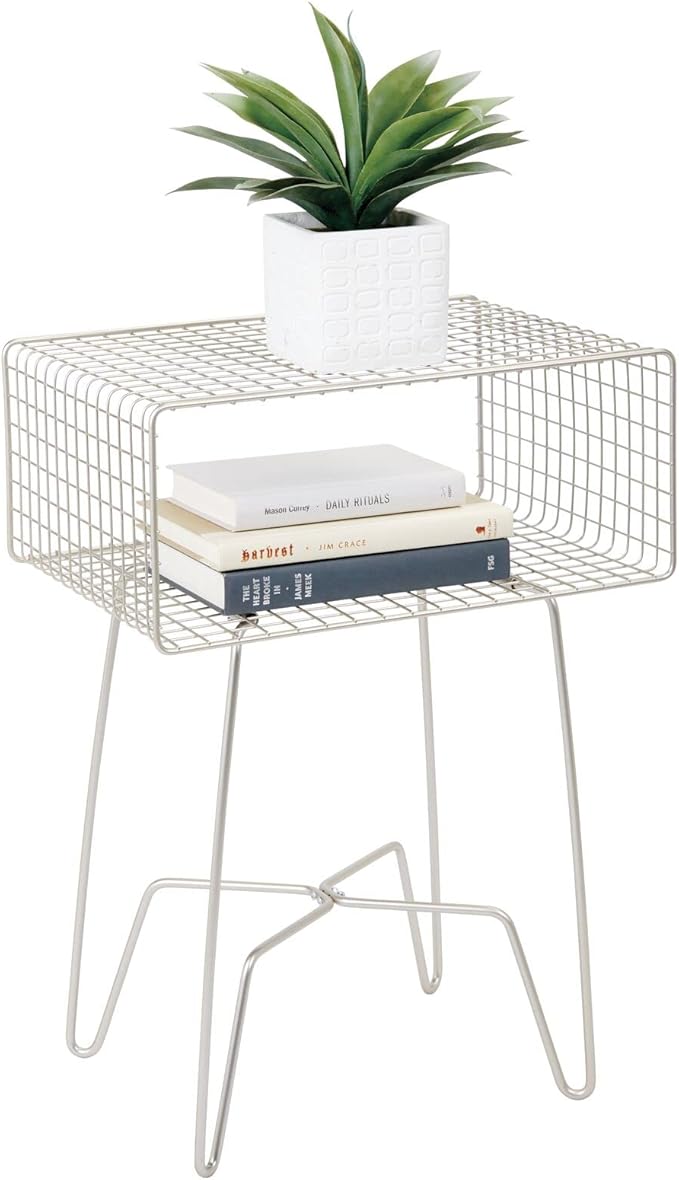 mDesign Modern Industrial Side Table with Storage Shelf, 2-Tier Metal Minimal End Table, Metallic Caged Grid - Accent Furniture for Living Room, Bedroom, Office, Dorm, Concerto Collection, Satin
