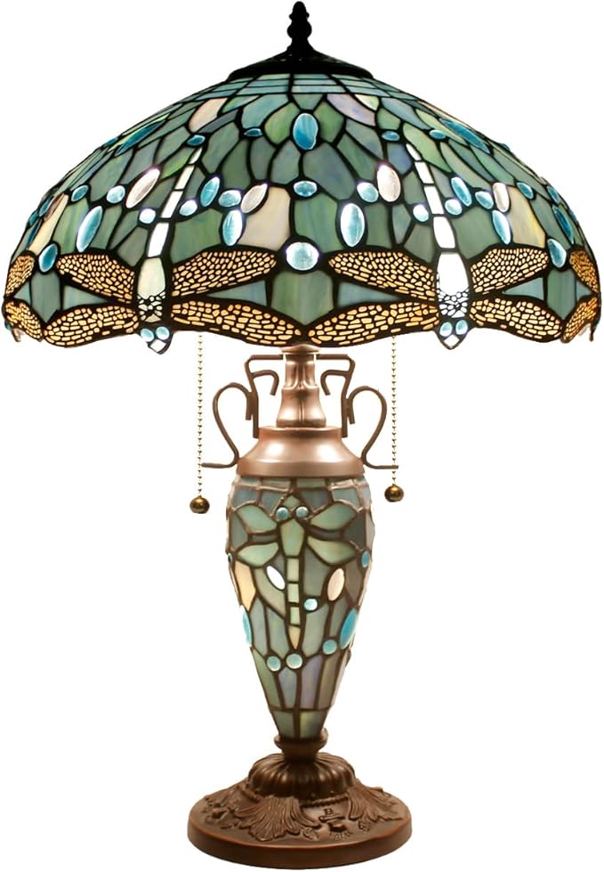 WERFACTORY Tiffany Table Lamp Sea Blue Stained Glass Dragonfly Style 16X16X24 Inches Mother-Daughter Vase Desk Reading Light Decor Bedroom Living Room Home Office S147 Series