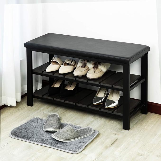 Finnhomy 3-Tier Shoe Rack Bench Cushion. Holds Up to 400 lb Rack, for Entryway, Bedroom, Hallway, Accent Furniturn, Elegant Black Wood