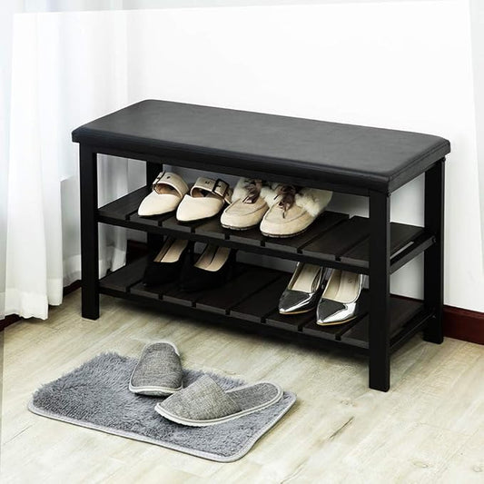 Finnhomy 3-Tier Shoe Rack Bench Cushion. Holds Up to 400 lb Rack, for Entryway, Bedroom, Hallway, Accent Furniturn, Elegant Black Wood