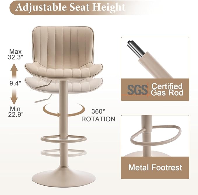 YOUNUOKE Bar Stools Set of 2, Counter Height Barstools for Kitchen Island, Modern Adjustable Swivel Khaki Bar Chairs with Khaki Legs
