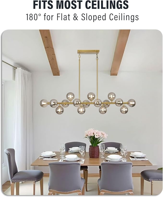 55" Long Brass Gold Chandeliers for Dining Room Kitchen Island, Large Globe Sputnik Linear Chandelier, 16 Lights Mid Century Modern Light Fixture Over Table, Smoke Grey Bubble, GC-08