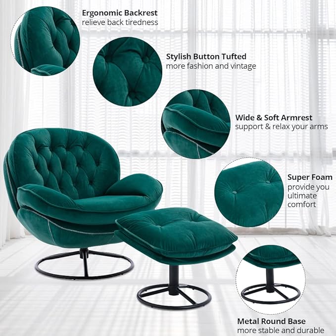Velvet Swivel Accent Chair with Ottoman Set, Modern Lounge Chair with Metal Base Frame & Footrest, Comfortable Single Leisure Sofa Chair Reading Chair with 360 Degree Swiveling for Living Room, Green