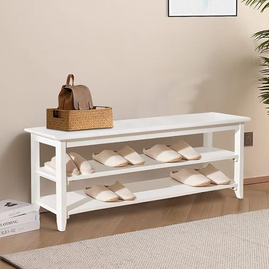 Shoe Rack Bench for Entryway with Storage, 48", 3-Tier Wooden Shoe Bench for Hallway, Front Door, Entrance, White