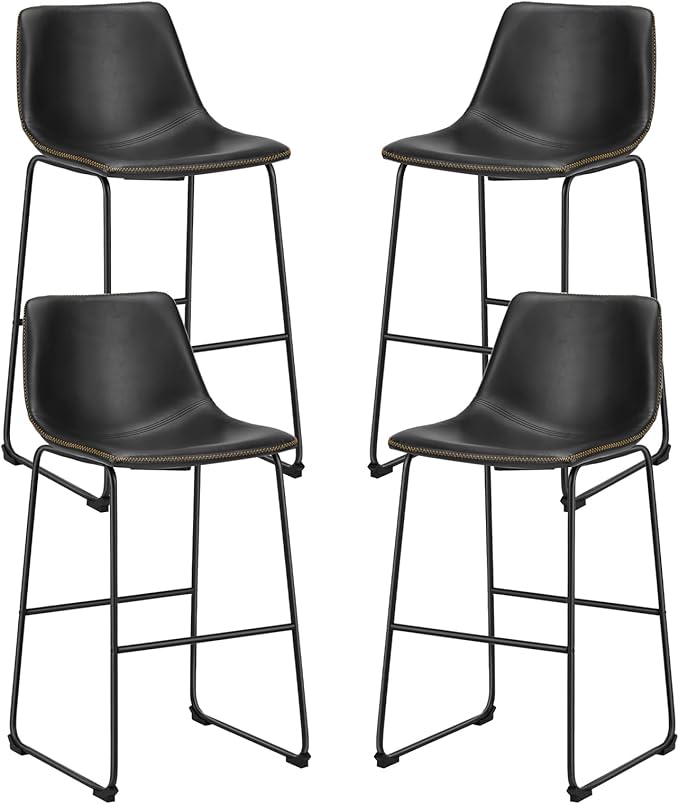Sweetcrispy Counter Height Bar Stools Set of 4, 30 inch Leather Barstools Modern Bar Stools with Back, Counter Stool Armless Bar Chairs with Metal Legs, Footrest, Classic Black