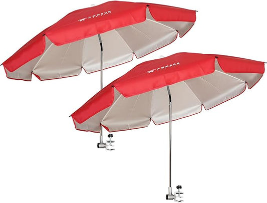 AMMSUN Chair Umbrella with Universal Clamp Adjustable 47 inches and 360° Swivel & UPF 50+ Protection Portable Sun Umbrella, Secure Clip on Camping/Beach Chairs, Stroller, Wheelchair, Golf cart, Lounger, Red, 2 PACK