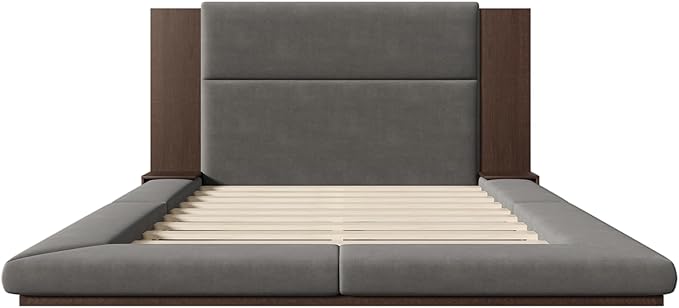 Merax Queen Size Floor Upholstered Platform Bed Frame with Extended Wood Headboard and Bedside Shelf,Easy Assembly,No Box Spring Needed,Gray