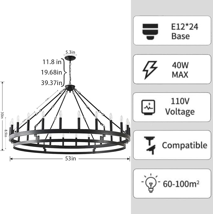 53 inch Large Black Wagon Wheel Chandelier,Farmhouse Industrial Country Style Round Pendant Light Fixture,Round Ceiling Light fixtures for Outdoor Porch high Ceilings Living Foyer Entryway