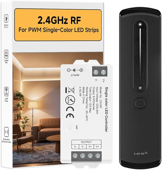 BTF-LIGHTING RC07RFB & C01RF RF 2.4GHz Wireless Tuya Controller Kit Magnetic Wall-Mounted, Dim Brightness,Touch Slide Control for PWM(+V -V) 2PIN SMD FCOB Single Color LED Strip Light DC5V DC12V DC24V