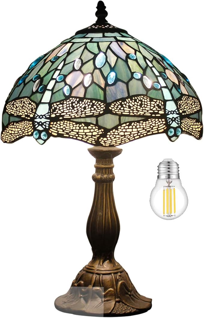 WERFACTORY Tiffany Lamp Sea Blue Stained Glass Table Lamp 12X12X18 Inches Dragonfly Style Desk Reading Light S147 Series