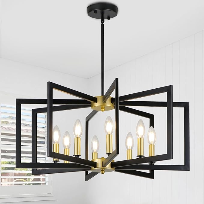 26.6'' Black and Gold Chandelier, 8-Light Geometric Modern Chandelier Lighting, Metal Industrial Large Chandeliers for Dining Room Living Room Entryway Foyer Lighting