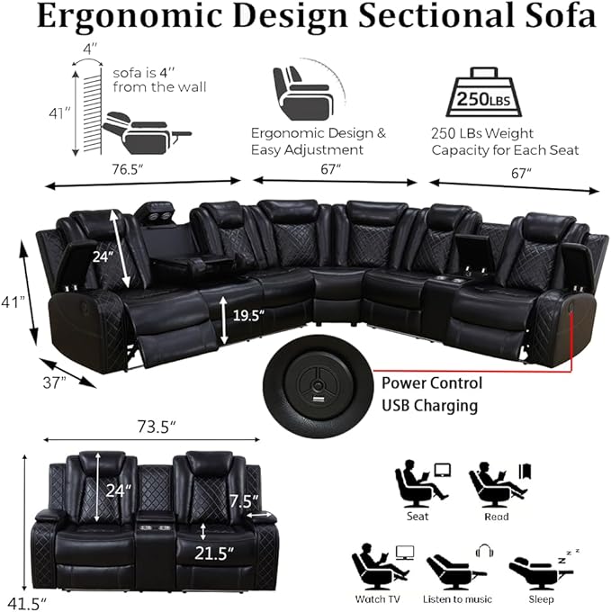 Power Reclining Sectional Sofa with LED, Leather Recliner Couch for Living Room/Home Theater, Sectional Reclining Couches with USB Port/Hide-Away Storage