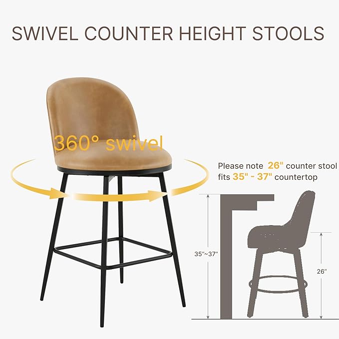 Swivel Bar Stools Set of 4, 26" H Upholstered Faux Leather Barstools with Backs,Counter Height Stools with Metal Legs for Kitchen Island,Brown,2 Box