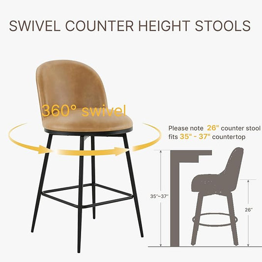 Swivel Bar Stools Set of 4, 26" H Upholstered Faux Leather Barstools with Backs,Counter Height Stools with Metal Legs for Kitchen Island,Brown,2 Box