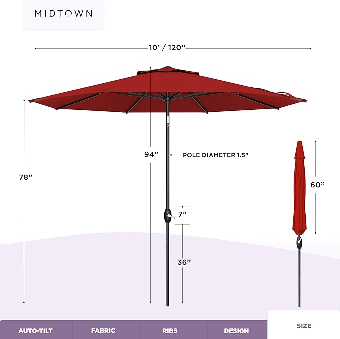 Midtown Umbrellas - The Lean 10 Ft Patio Umbrella with Fade-Resistant Sunbrella Fabric, Auto-Tilt Aluminum Frame and 8 Reinforced Ribs for Deck, Pool & Garden - Red Canopy, Black Pole