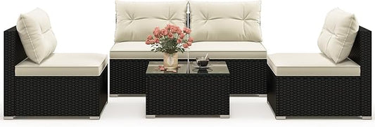 Tangkula 5 Piece Rattan Sofa Set, Patiojoy Outdoor Wicker Furniture Set with Seat & Back Cushions, Square Coffee Table, Patio Sectional Sofa Set for Backyard, Poolside, Garden