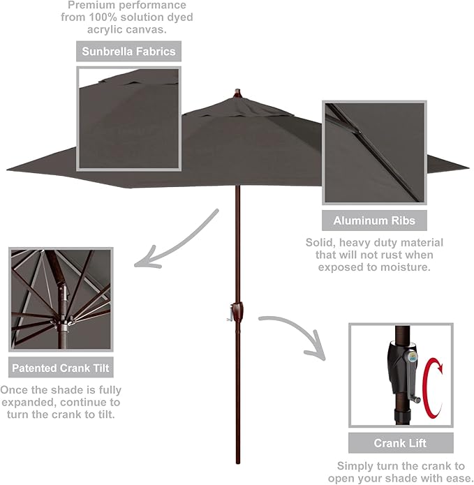 California Umbrella 12-Year Protection 9-Ft Outdoor Patio Umbrella, Sunbrella Fade-Resistant Acrylic Fabric, Auto Tilt and Crank, Heavy-Duty Aluminum Frame/Reinforced Ribs, Bronze Pole, Charcoal