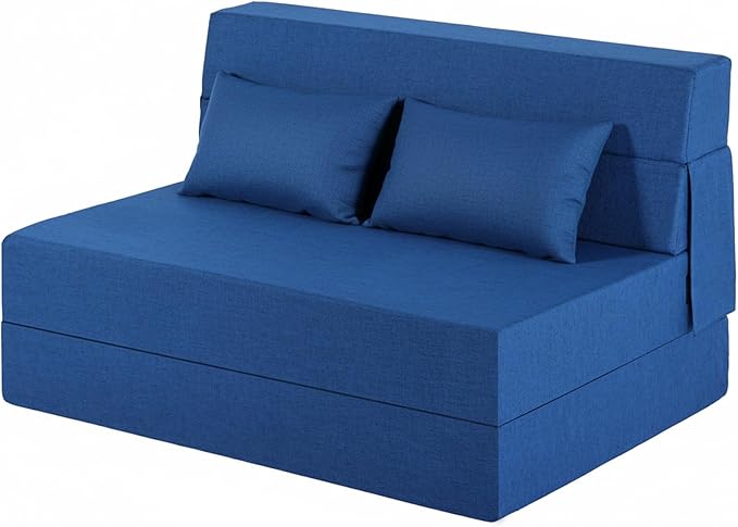 Fvkind Folding Sofa Bed, Foldable Sleeper Chair with Pillow, Convertible Fold Out Chair Bed with Washable Cover, Foldable Mattress for Living Room, Bedroom, Guest Room, Standard Size, Blue