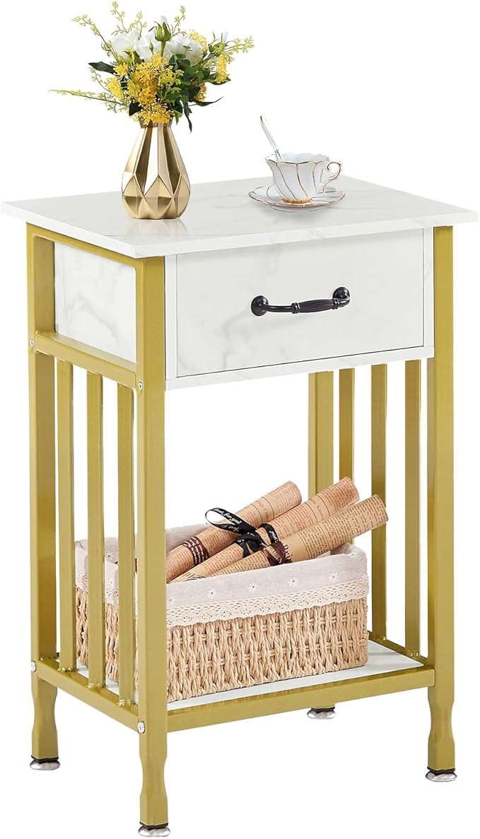 VECELO Nightstands, Industrial Side Table/End Tables with Drawer and Storage Shelf, Night Stands for Bedroom, Living Room, Wood Metal Furniture, Easy Assembly,Gold,l Set