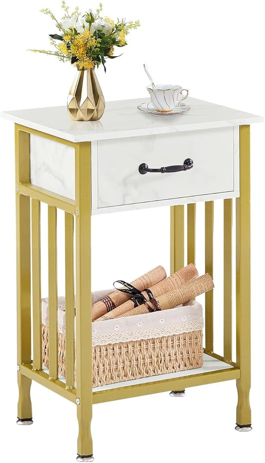 VECELO Nightstands, Industrial Side Table/End Tables with Drawer and Storage Shelf, Night Stands for Bedroom, Living Room, Wood Metal Furniture, Easy Assembly,Gold,l Set
