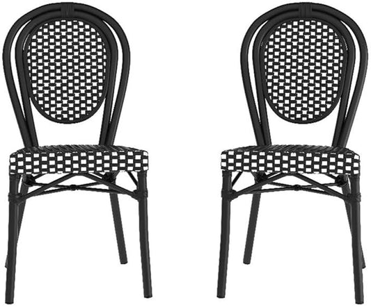 Flash Furniture Lourdes Indoor/Outdoor Commercial Thonet Bistro Stack Chair - Black/White PE Rattan Back and Seat - Black Metal Frame - Set of 2