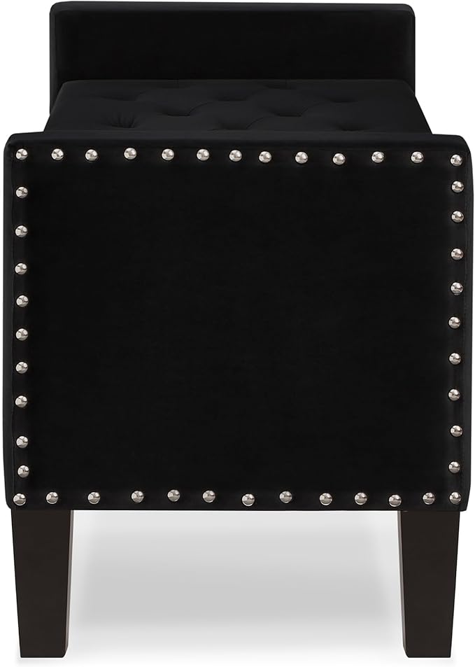 Velvet Storage Ottoman with Armrests, Upholstered Button Tufted Entryway Bench with Nails Trim for Bedroom End of Bed, Living Room,Black