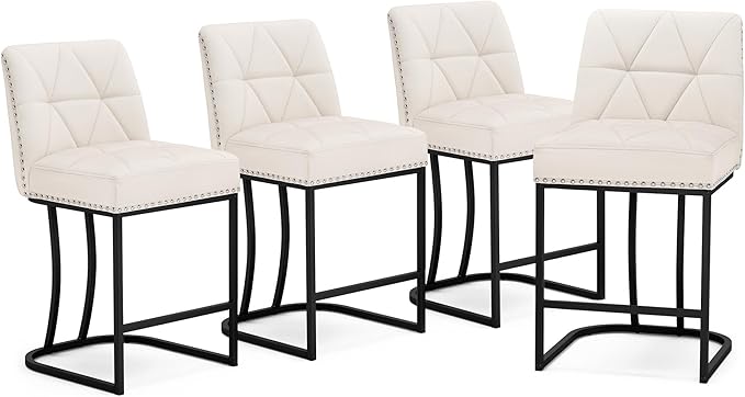 LUE BONA 24" Bar Stools Set of 4, Counter Height Bar Stools with 5.5" Thick Cushion, Upholstered Linen Fabric Barstools with Metal Frames for Kitchen Island, Dining Room, Beige